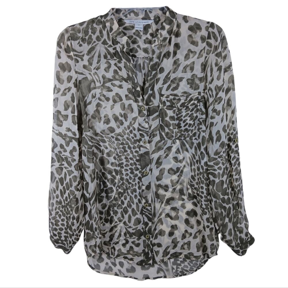 Diane Von Furstenberg Silk Leopard Print Button Down Shirt size 0